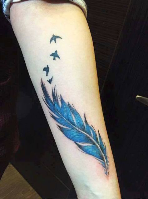 Cute Colored Feather Tattoo Design For Girls Colorful Bird Tattoos, Feather Tattoo Colour, Tattoo Feather, Feather With Birds Tattoo, Bird Tattoo Wrist, Feather Tattoo Design, Tattoo Designs For Girls, Arrow Tattoos, Feather Tattoo