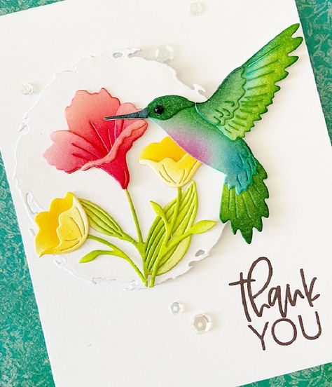 Hummingbird Cards, Hummingbird Cards Handmade, Diy Cards With Flowers, Hummingbird Card Ideas, Spellbinders Hummingbird, Hummingbird Card, Hummingbird Birthday Cards, Spellbinders Hummingbird And Lily, Humming Bird Svg Free