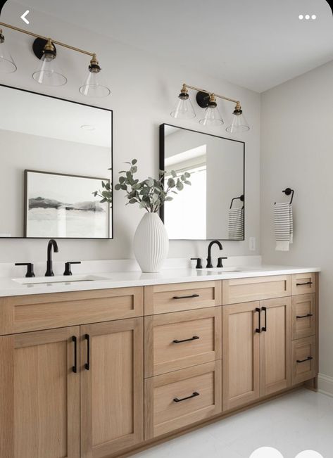 Natural Wood Bathroom Vanity With Black Hardware, Light Bathroom Cabinets, Natural Wood Cabinets Bathroom, Double Sink Master Bath Vanity, White Oak Bathroom Vanity Gold Hardware, White Oak Bathroom Vanity Master Bath, Natural Wood Bathroom Ideas, Modern Master Bathrooms 2024 Trends, Wood Vanities Bathroom