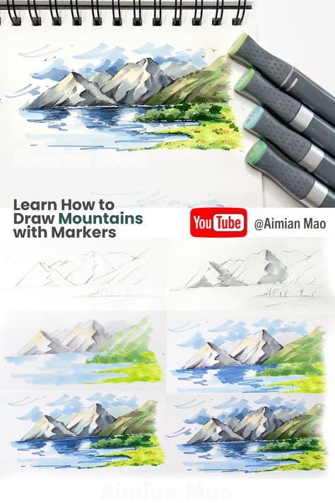 How to draw Mountain Tutorial on Youtube @Aimian Mao Marker Mountain Drawing, How To Sketch Mountains, Mountain Marker Drawing, Landscape Alcohol Markers, Sketching With Markers, Landscape Marker Drawing, Marker Landscape Art, Copic Marker Art Tutorials, Alcohol Marker Landscape