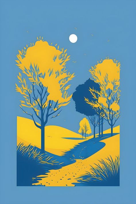 Landscape Illustration Minimalist, Minimalist Illustration, Minimalist Landscape, Canvas Painting Diy, Landscape Illustration, Color Pencil Art, Landscape Artist, Canvas Crafts, Yellow And Blue