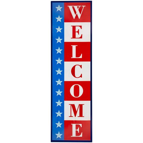 "Find the 40\" Americana Welcome Metal Wall Sign at Michaels. com. Welcome guests with a touch of classic Americana charm with this metal wall sign. Welcome guests with a touch of classic Americana charm with this metal wall sign. Adorned with an iconic red, white, and blue theme, this sign adds a patriotic flair to any space making it the perfect accent piece for your home or office. Details: Red, white, and blue 40\" x 11.75\" x 0.5\" Comes ready to hang with 2 keyhole hooks on the back Metal Red White And Blue Theme, Metal Porch, Patriotic Porch, Americana Design, Metal Welcome Sign, Patriotic Wall, American Flag Wood, Wooden Welcome Signs, Porch Welcome Sign