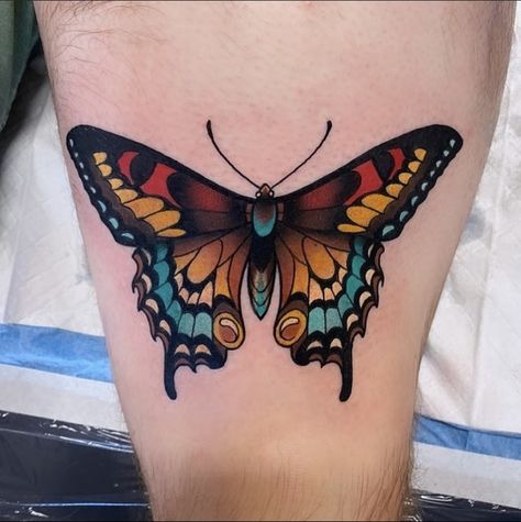 Butterfly Tattoo Leg, Vintage Butterfly Tattoo, Butterfly Leg Tattoos, Ashley Harris, Traditional Butterfly Tattoo, Realistic Butterfly Tattoo, Colour Tattoo For Women, Tattoo On Leg, Colour Tattoo