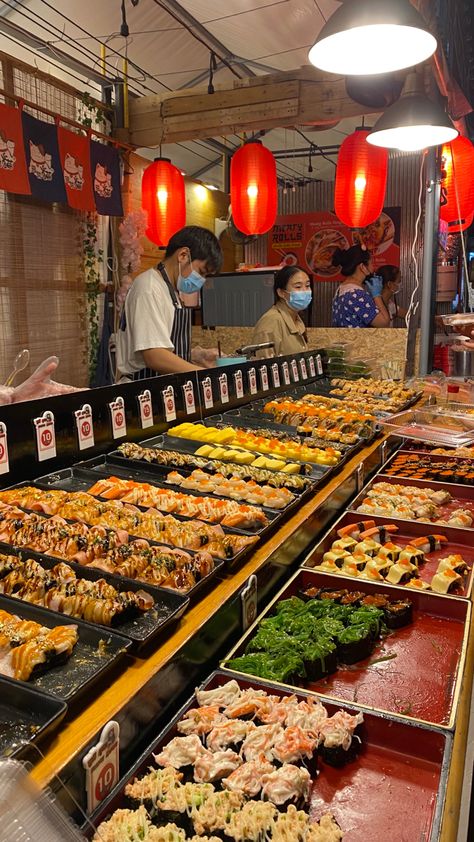 Asian Night Market Aesthetic, Bangkok Thailand Food, Sushi In Japan, Sushi Buffet, Disney Themed Food, Bangkok Restaurant, Food Stall Design, Bbq Side Dishes Recipes, Bbq Side Dishes