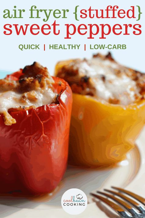 Quickly make these delicious sweet bell peppers in about ten minutes in the air fryer. They are stuffed to perfection with a ground turkey and rice mixture and then smothered with golden melted cheese. Air Fryer Stuffed Peppers, Airfryer Healthy, Fried Peppers, Keto Stuffed Peppers, Sweet Bell Peppers, Air Fryer Recipes Healthy, Ninja Foodi, Simply Delicious, Air Fry