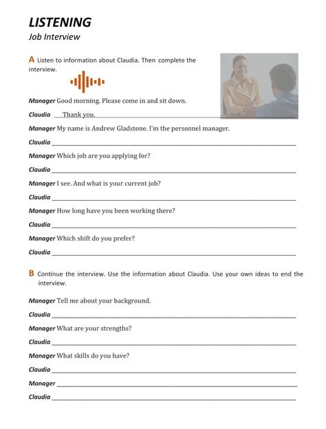 Job Interview Worksheet, Listening Worksheet, Job Test, Social Emotional Learning Activities, The Worksheet, Counseling Activities, Sentence Structure, English As A Second Language (esl), English As A Second Language