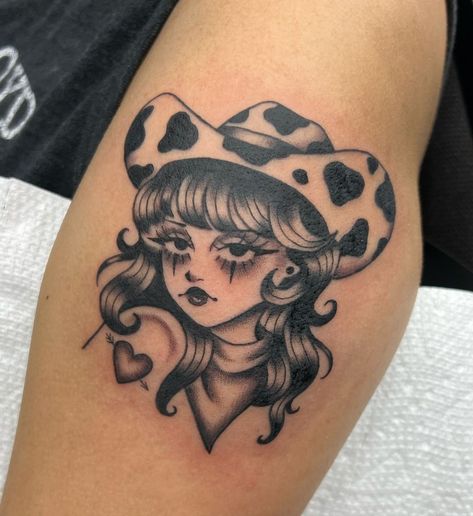 Ellen Ayala | Tattooed this iconic cowgirl in Waco, TX at the @naturalinkexpo 🤍 Didn’t exactly plan for it, but we ended up entering her in a contest &… | Instagram Emo Cowgirl Tattoo, Traditional Tattoos Of Women, Pinup Doll Tattoo, Retro Cowgirl Tattoo, Rodeo Clown Tattoo, Traditional Tattoo Cowgirl, Chappell Roan Tattoo, American Traditional Cowgirl Tattoo, Cowgirl Pinup Tattoo