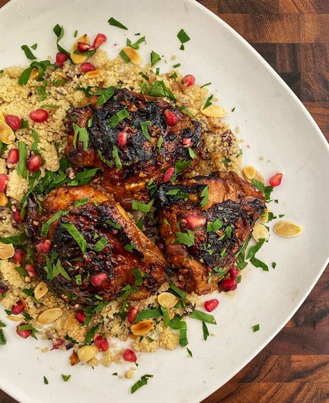 Pomegranate Glazed Chicken, Couscous Pilaf, Herbed Couscous, Pomegranate Chicken, Pomegranate Sauce, Moroccan Couscous, Yogurt Chicken, Christmas Dinner Menu, Mozzarella Chicken