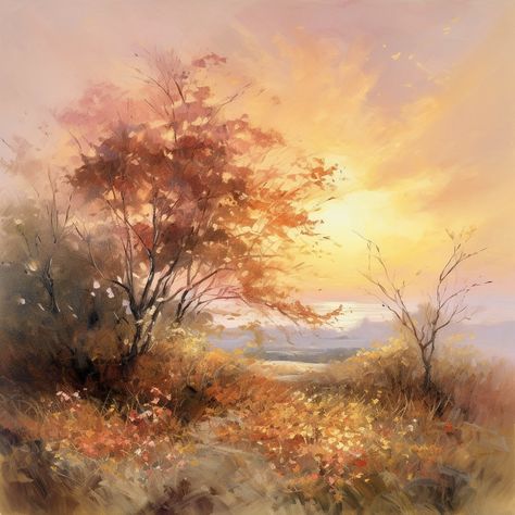 Amidst the lilting melody of the rustling leaves and the soft murmurs of the gentle breeze, the ethereal beauty of the sunset painted the sky in shades of gold and rose. Romantic Landscape Painting, Romantic Era Paintings Nature, Warm Tone Forest Wallpaper, Art Sources, Autumn Landscape Oil Painting, Wet Watercolor, Gold Sunset, Autumn Painting Impressionism, Flower House