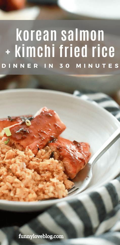 This easy Korean salmon recipe features tips on how to broil salmon with a delicious Korean sauce. The salmon is paired with kimchi fried rice for a restaurant-style rice bowl that is done in just half an hour! This Korean dinner is gluten free and features tons of swaps so that you can use what you have on hand! via @howertonhastings Korean Salmon Recipe, How To Broil Salmon, Korean Salmon, Pescatarian Dinner, Dinner Korean, Quick Fried Rice, Easy Kimchi, Buttery Rice, Healthy Dessert Recipes Easy