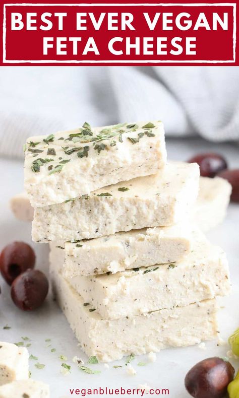 Here's an easy and delicious vegan feta cheese to use for a vegan charcuterie board or vegan grazing platter. Vegan cheese recipes always make great appetizers and party food, too. So if you've wondered how to make vegan cheese, definitely start with this easy vegan feta cheese recipe. It's seriously one of the best vegan cheese recipes, ever! Perfect for vegan salads and vegan Greek food. Vegan Havarti Cheese, Vital Wheat Gluten Recipes, Vegan Feta Cheese Recipe, Vegan Cheese Recipe, Vegan Diner, Best Vegan Cheese, Vegan Feta, Feta Cheese Recipes, Cheese Vegan