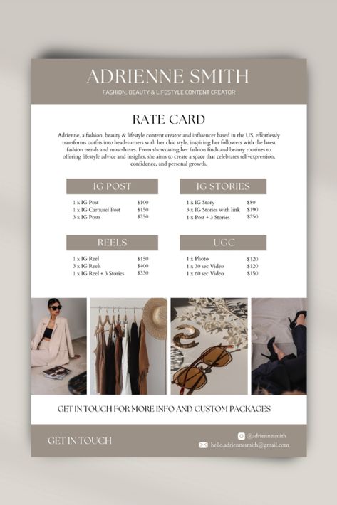 Content Creator Rate Card Template, Editable Influencer Rate Card Canva Template, UGC Price Sheet, Modern Rate Sheet Template Ugc Rate Card, Rate Card Influencer, Ugc Templates, Ugc Portfolio Ideas, Media Kit Examples, Free Social Media Templates, Rate Card, Beige Minimalist, Social Media Marketing Instagram