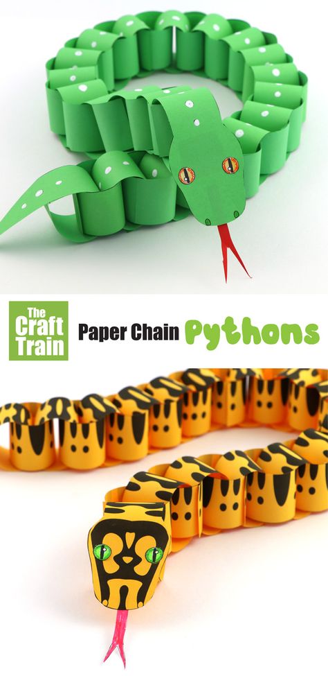 Create realistic looking paper pythons with this printable paper chain snake template. There is a jungle carpet python, a green tree python and a  design-your-own python to choose from #paperchain #papercraft #snakes #python #snakecraft #kidscrafts #printables #kidsactivities #thecrafttrain #superfunprintables Snake Crafts, Paper Chain, Paper Chains, Summer Crafts For Kids, Animal Crafts For Kids, Camping Crafts, Fun Crafts For Kids, Animal Crafts, Easy Diy Crafts