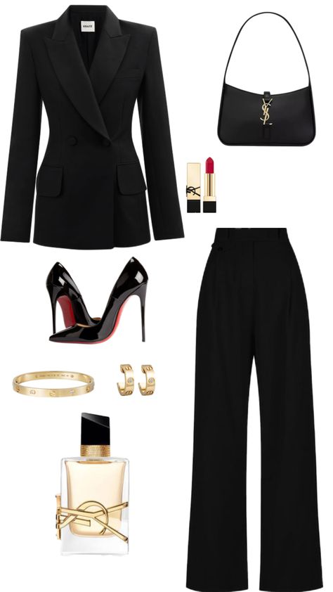 Dark Feminine Outfits Formal, Ceo Girl Outfit, Old Money Blazer Outfit, Bussnis Outfit Women, Journalist Outfit Reporter, Mafia Outfit Ideas, Ceo Outfit Woman Boss, Outfit Full Black, Black Stylish Outfits