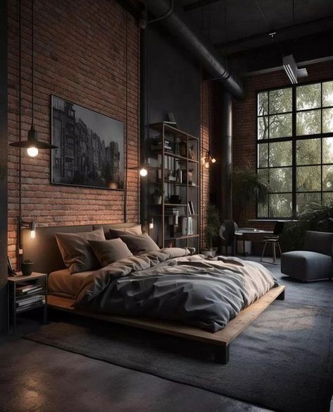 Industrial Bedroom Design, Industrial Style Bedroom, Industrial Bedroom, Stil Industrial, Loft Interiors, Industrial Interior Design, Brick Walls, Home Decor Living Room, Painting Poster