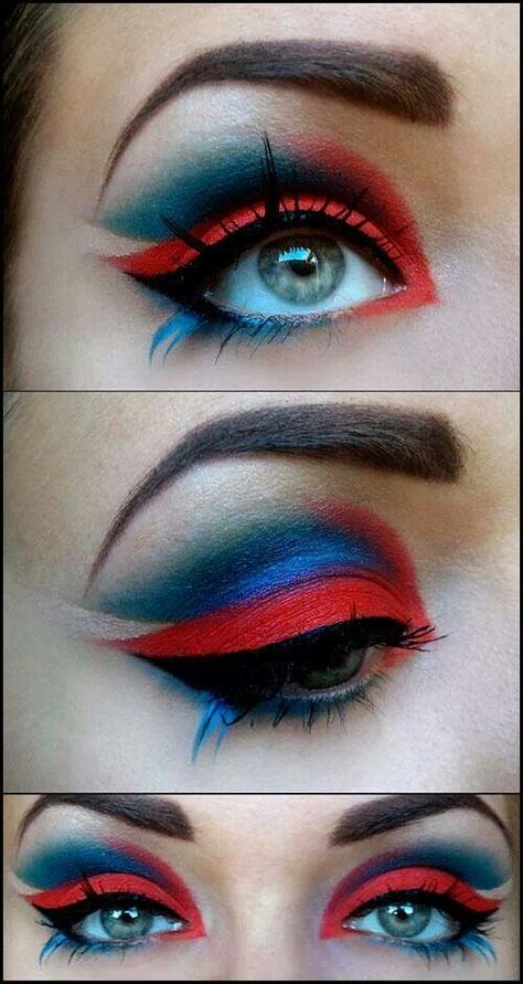 Red & blue makeup - Get your game face on! Red White And Blue Makeup, White And Blue Makeup, Superhero Makeup, Spiderman Makeup, Carnaval Make-up, 4th Of July Makeup, Carnival Makeup, Sugarpill Cosmetics, Woman Costume