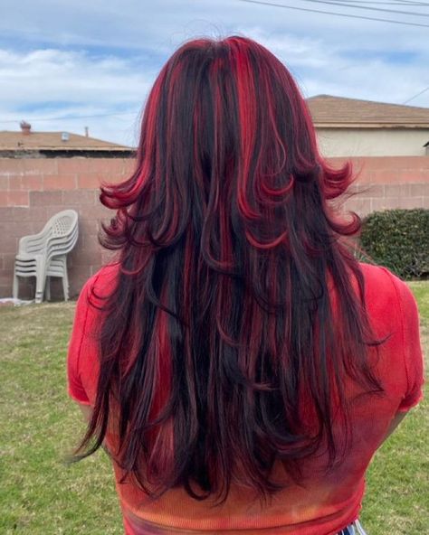 90s inspired red and black chunky highlights retouch!! big thank you to azalea for having the patience and trust with me and their hair <33… Red And Black Chunky Highlights, Red Chunky Highlights, Hair Red Highlights, Short Fluffy Hair, Black Hair With Red Highlights, Red Highlights In Brown Hair, Peekaboo Hair Colors, Red Hair Looks, Black Red Hair