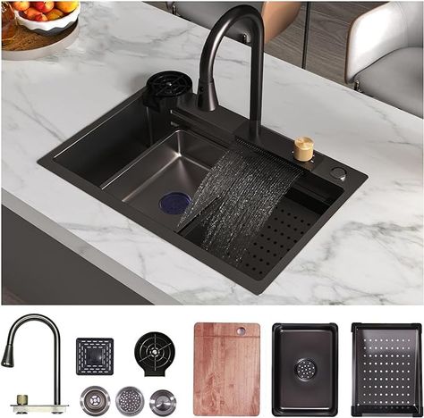 MEJE 27" New Waterfall Kitchen Sink, Upgraded 304 Stainless Steel kitchen sink,Waterfall faucet workstation sink, Anthracite Black Color (26.75''x17.75'') - Amazon.com Waterfall Kitchen, Workstation Sink, Black Kitchen Sink, Multifunctional Kitchen, Kitchen Sink Design, Pull Out Faucet, Waterfall Faucet, Bathroom Safety, Steel Kitchen Sink