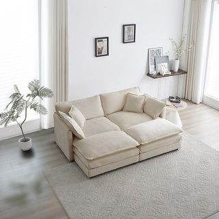 Beige L-Shaped Sectional Sofa Chenille Upholstered Two-Seater Sofa with Ottoman, Deep Loveseat for Living Room - Bed Bath & Beyond - 40420993 Club Chairs Living Room, 4 Piece Living Room Set, Deep Loveseat, U Shaped Couch, Upholstered Couch, Soft Sofa, Toss Pillow, Small Space Living Room, Pillow Bed