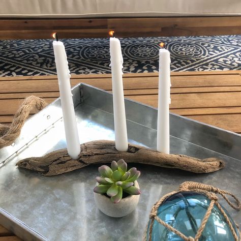 Diy Driftwood Candle Holder, Driftwood Candles, Small Scrap Wood Projects, Driftwood Candle Holders Diy, Diy Taper Candles, Diy Candle Stick Holder, Driftwood Candle Holder, Birch Candle Holders, Wood Succulent Planter