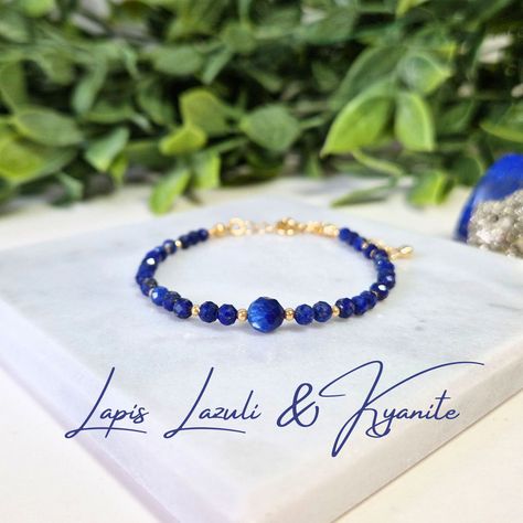 The bracelet is made of Natural Gemstones.  - Lapis Lazuli  - Kyanite ( central, bigger bead )  - Gold Vermeil (Gold Plated 925 Sterling Silver) Beads and Findings  Bracelet Length: 15cm + 5 cm extension chain.  It will be shipped with a velvet gift bag. Lapis Lazuli Beads, Crystal Bracelet, Gemstone Bracelets, Sterling Silver Bead, Gold Plated Sterling Silver, Crystal Bracelets, Silver Beads, Lapis Lazuli, Gold Vermeil