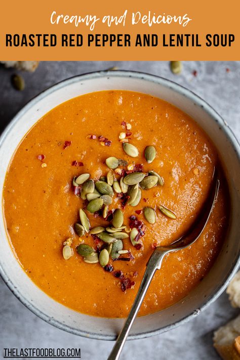 Packed with flavour this roasted red pepper and lentil soup is creamy, delicious and filling. Perfect for a tasty lunch. Red Pepper And Lentil Soup, Vegan Red Pepper Soup, Red Pepper Lentil Soup, Roasted Pepper Soup, Red Lentil Recipes, Red Lentil Soup Recipe, Tomato Lentil Soup, Vegan Stuffed Peppers, Roasted Red Pepper Soup