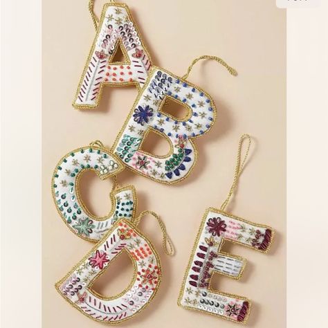 Anthropologie Zardozi Monogram Ornament Letter Initial M Embroidered Beads Embroidered Using The Elaborate Zardozi Technique With Glimmering Metallic Threads, This Monogram Ornament - Embellished With Beads And Sequins - Presents The Perfect Stocking Stuffer Or Personalised Gift. By Triangle Of Bears Handcrafted Brass, Glass, Cotton, Glitter, Metallic Imported Dimensions 3.5"H, 3.25"W Embroidered Beads, Anthropologie Holiday, Initials Ornament, Initial M, Embroidered Letters, Felt Letters, Felt Embroidery, Felt Christmas Ornaments, Perfect Stocking Stuffers