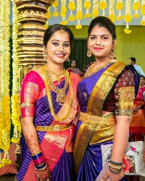 Image may contain: 2 people, people standing Plain Vaddanam Designs Gold, Vaddanam Designs Gold, Gold Vaddanam, Saree Color Combinations, Kasu Mala, Vaddanam Designs, Bridesmaid Photoshoot, Heavy Necklace, Indian Bridal Sarees