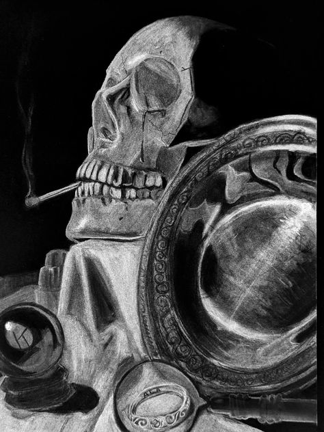 White charcoal sketch of a skull with a match in its mouth. A shiny bowl, an crystal orb, and a ring being magnified are surrounding it. Black And White Chalk Art, White Chalk On Black Paper, Chalk On Black Paper, Black Paper Drawing, Alec Lightwood, Elementary Art Projects, Fun Activities To Do, Sketch Ideas, Chalk Pastels