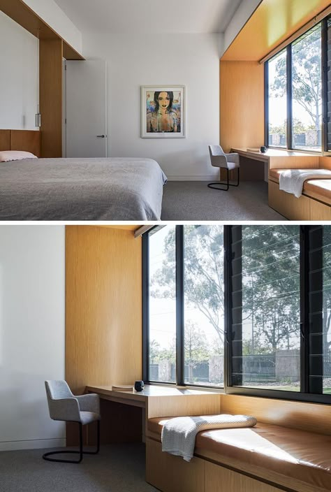 A modern bedroom with a built-in desk and window seat. Bedroom Window Design, Window Desk, Window Seat Design, Window Benches, Custom Desk, Built In Furniture, Modern Windows, Tiny House Interior, Bedroom Windows