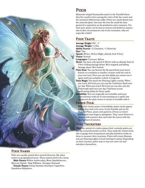 Elf Mythical Creature, Pixie Mythical Creature, Dungeons And Dragons Creatures, Homebrew Races, 5e Races, Dungeons And Dragons Races, Dnd Races, Dnd Classes, Dungeons And Dragons 5e