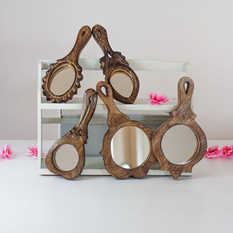 Witchy Store, Wooden Hand Mirror, Compact Vanity, Mirror Wall Hanging, Hand Mirrors, Wood Trivets, Mirror Collection, Bohemian Furniture, Mirrored Picture Frames