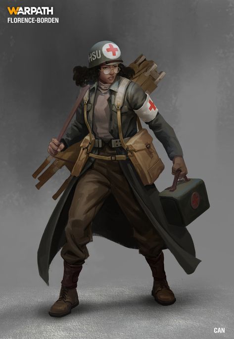 Combat Medic Outfit, Ww2 Character Design, Combat Medic Character Design, Medic Character Design, Apocalypse Writing, Ww2 Medic, Battle Medic, Arcane Oc, 1800s Clothing