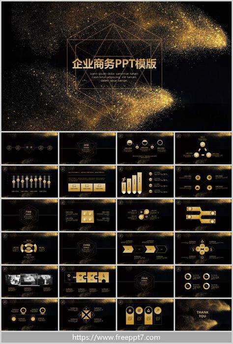 Black gold series business PowerPoint Template (4): The black background is embellished with golden light spots, and the deep colors show bright colors, and the picture is full of dynamic. This PPT template is suitable for PowerPoint presentations on topics such as business reporting, corporate marketing, business planning, year-end summaries. Black Presentation Design, Gold Powerpoint, Corporate Marketing, Presentation Slides Design, Colors Show, Slides Design, Presentation Backgrounds, Power Points, Powerpoint Design Templates