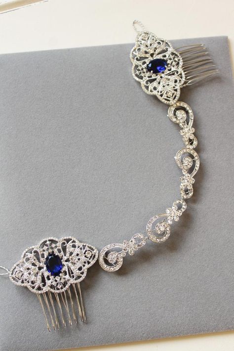 Sapphire Blue Vintage Style Crystal Hair Chain Bridal Head | Etsy Bridal Hair Jewelry Head Pieces, Art Deco Wedding Hair, Head Chain Wedding, Bridal Head Chain, Prom Hair Jewelry, Headpiece Art, Blue Wedding Hair, Hair Chain, Art Deco Hair