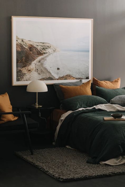 Hunter's Hideaway – A&C Homestore Dark Beach Bedroom, Cosy Dark Bedroom, Dark Cosy Bedroom, Green Comforter Bedroom, Green Linen Duvet Cover, Green Linen Duvet, Green Linen Bedding, Unique Duvet Covers, Washed Linen Duvet Cover