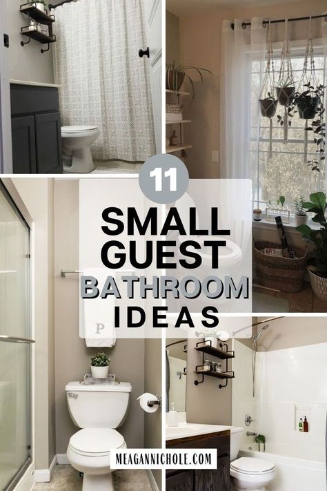 If you're looking for ways to decorate your small guest bathroom, get inspired by this list of small guest bathroom decor ideas. Maybe a small guest bathroom remodel isn't necessary! Avoid a remodel by using these budget-friendly guest bathroom decor ideas for your hall bathroom or half bath. Check out why I chose our small guest bathroom as the first room to decorate. Get all the small guest bathroom inspiration you need here at MeaganNichole.com Bathroom Toilet Decor Ideas, Guest Bathroom Ideas One Sink, Classy Guest Bathroom Ideas, Guest Bathroom Ideas Simple, Guest Bathroom Wall Decor Ideas, Vintage Guest Bathroom Ideas, Stock Guest Bathroom, Cozy Guest Bathroom, Fun Guest Bathroom Ideas