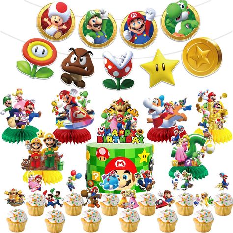 PRICES MAY VARY. Mario party kit : includes a character print banner set (14 x 19 cm), 24 cake inserts, 12 styles, one large insert and 6 Mario themed honeycomb pieces. Best Mario Party Supplies: These novelty Mario birthday decorations are the perfect gift for your birthday child. Mario party supplies will create great fun for your party. High quality: Mario's birthday decorations are made of high quality materials and are safe. It's also easy to assemble, which can help you save a lot of time Mario Birthday Decorations, Birthday Decorations Theme, Mario Party Decorations, Birthday Theme Decoration, Cake Banner Topper, Mario Birthday, Mario Party, Party Kit, Banner Printing