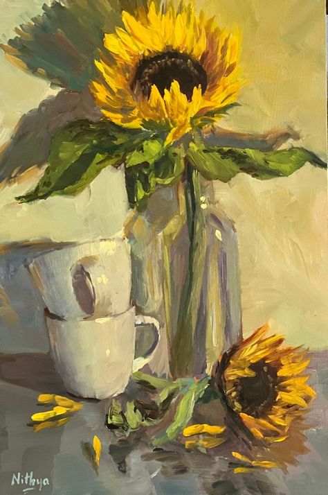 Poster Color Painting, Panel Board, Still Life Flowers, Still Life Oil Painting, Sunflower Painting, Oil Painting Flowers, Painting Still Life, Still Life Art, Paint By Numbers