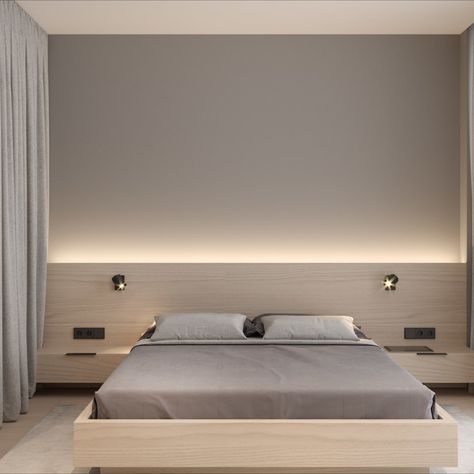 The master bedroom is colored in a pastel scheme, where the one wall is gray and the other is covered in veneered panels. A panoramic window gives the room the maximum percentage of natural light, which is extremely important thing in the architectural design and basic rules of human coexistence with space.
An interesting design solution of this room was the idea of ​​delimiting the dressing area by curtains and not by a solid wall. Modern Minimalist Bedroom Design, Modern Minimalist Bedroom, Modern Luxury Bedroom, Hotel Room Design, Minimalist Bedroom Design, Bedroom Bed Design, Bed Furniture Design, Bedroom Furniture Design, Modern Bedroom Design