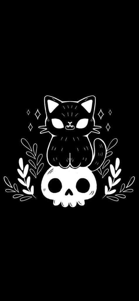 Mushroomcore Aesthetic Wallpaper, Cat Skull Wallpaper, Goth Cat Wallpaper, Black Cat Art Cute, Cute Skull Wallpaper, Black Cat Art Wallpaper, Cute Gothic Wallpaper, Cute Black Cat Wallpaper, Cat Aesthetic Drawing