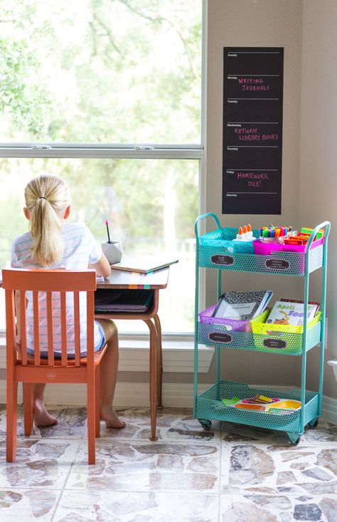 Turn a cart into a DIY homework station! Perfect for keeping school supplies organized! Homework Station Diy, Kids Study Spaces, Homework Nook, Kids Homework Station, Homework Area, Homeschool Room Organization, Homework Room, Homework Station, Kids Homework