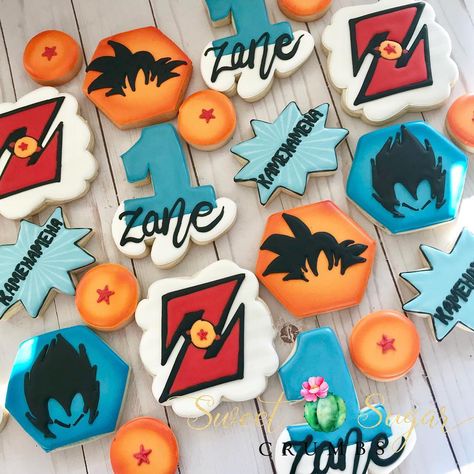 Dragon Ball Z Party Treats, Dragon Ball Z Decor, Dragon Ball Z Cookies Decorated, Dragon Ball Z Treats, Dragon Ball Z Party Ideas Birthdays, Dragon Ball Z First Birthday, Dragon Ball Z Cookies, Dragonball Z Birthday Party Ideas, Dragon Ball Z Baby Shower Theme