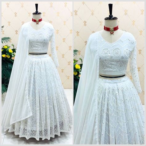 💃👚*Presenting New Đěsigner Siqwans Lehenga -Choli With Dupatt Set New*👚💃 💃👚*Lehenga Fabric *: Fox Georgette With Cotton Thread 5mm Siqwans Emrodery Work With Embrodery Belt With (*Can-Can *)With (*Full-Stiche*) 💃👚*Lehenga Flair:* *3 mtr* 💃👚*Lehenga Inner :* Micro Cotton 💃👚*Lehenga Length :* 42-43 Inch 💃👚*Choli Fabric:* Fox Georgette With Cotton Thread 5mm Siqwans Emrodery Work With Full-Sleevs With *(Full-Stiched*) 💃👚*Choli Iner*.:Heavy micro Cotton 💃👚*Choli Size*:X White Lehenga Choli, Lehenga Choli Latest, Lehenga Bridesmaid, Lehenga Choli Designs, Indian Bridesmaid Dresses, White Lehenga, Cotton Lehenga, Georgette Lehenga, Full Sleeve Blouse