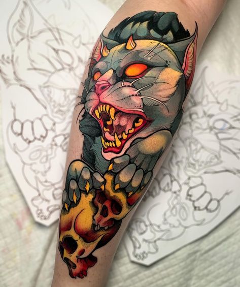 Neo Traditional Animal Tattoo, Neo Traditional Tattoo Art, Traditional Animal Tattoo, Neo Traditional Tattoos, Kitten Tattoo, Neo Tattoo, Traditional Tattoo Designs, Wicked Tattoos, Gothic Tattoo