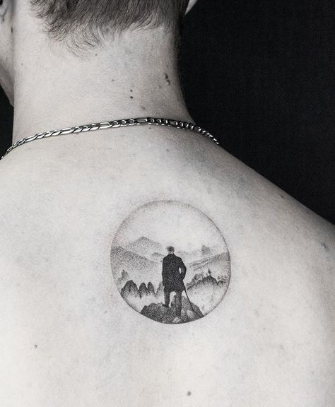 Sutsely Kanashiro 金城 on Instagram: “▪️ H A N D P O K E D ▪️| Wanderer above the sea of fog. Caspar David Friedrich | Thank you Corentin! Done at @goldstreet.tattoo . . . 🇪🇸…” Sea Of Fog, David Friedrich, Caspar David Friedrich, D P, Tattoo Inspo, I Tattoo, Skull Tattoo, Geometric Tattoo, Tatting