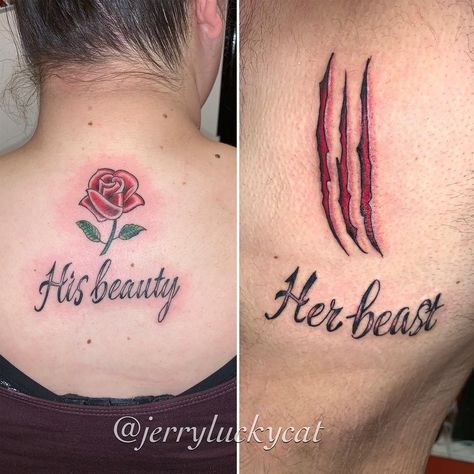 His Beauty • Her Beast • Beauty and the Beast • Couple Tattoos | Tattoo Ideas and Inspiration His Beauty Her Beast, Beast Beauty And The Beast, The Beast Tattoo, Beast Tattoo, Him And Her Tattoos, Couple Tattoos Unique Meaningful, Couple Tattoos Love, Beauty And The Beast Tattoo, Tattoo Couple