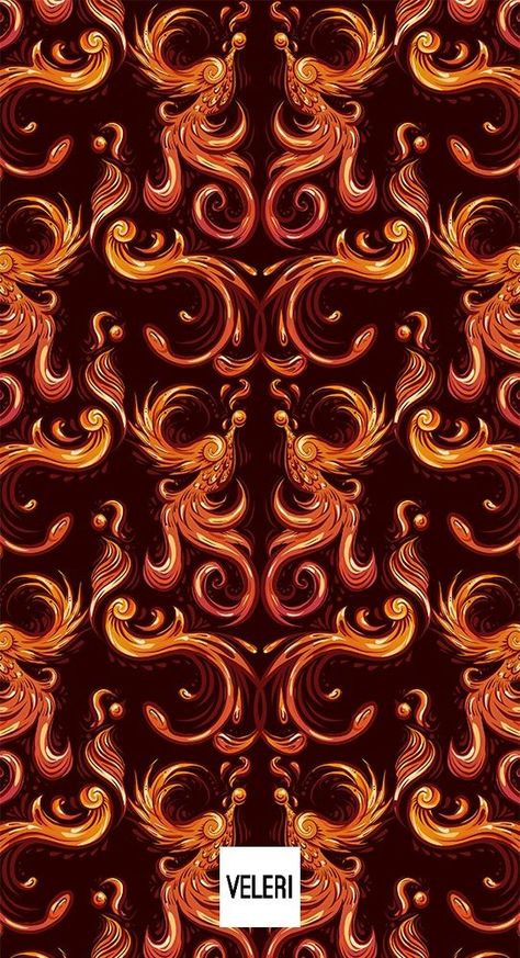 Vintage phoenix seamless pattern with curls and feathers. Wallpaper of orange birds with tails and wings on dark burgundy background. Bird damask fabric. Feathers Wallpaper, Phoenix Wallpaper, Orange Birds, Burgundy Background, Damask Fabric, Orange Bird, Dark Burgundy, Bird Patterns, Iphone Background Wallpaper