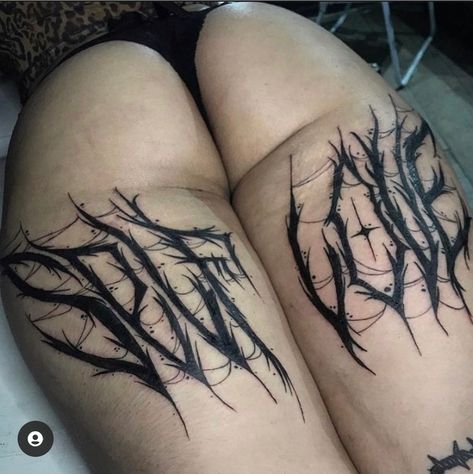 Gothic Tattoos For Women, Thigh Tattoos Women Black, Under Buttcheek Tattoo Women, Hip Bone Tattoo, Thigh Tat, Evil Tattoos, Single Needle Tattoo, Dragon Tattoo For Women, Wicked Tattoos