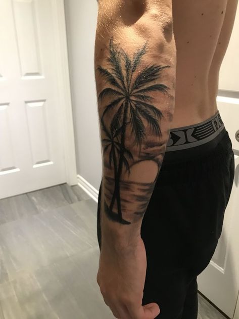 Men Palm Tree Tattoo, Sun Palm Tree Tattoo, Beach Tattoo For Men, Men Tattoo Ideas Forearm Half Sleeves, Palm Tree Tattoo Men, Inner Bicep Tattoo, Forearm Band Tattoos, Palm Tattoos, Cool Arm Tattoos